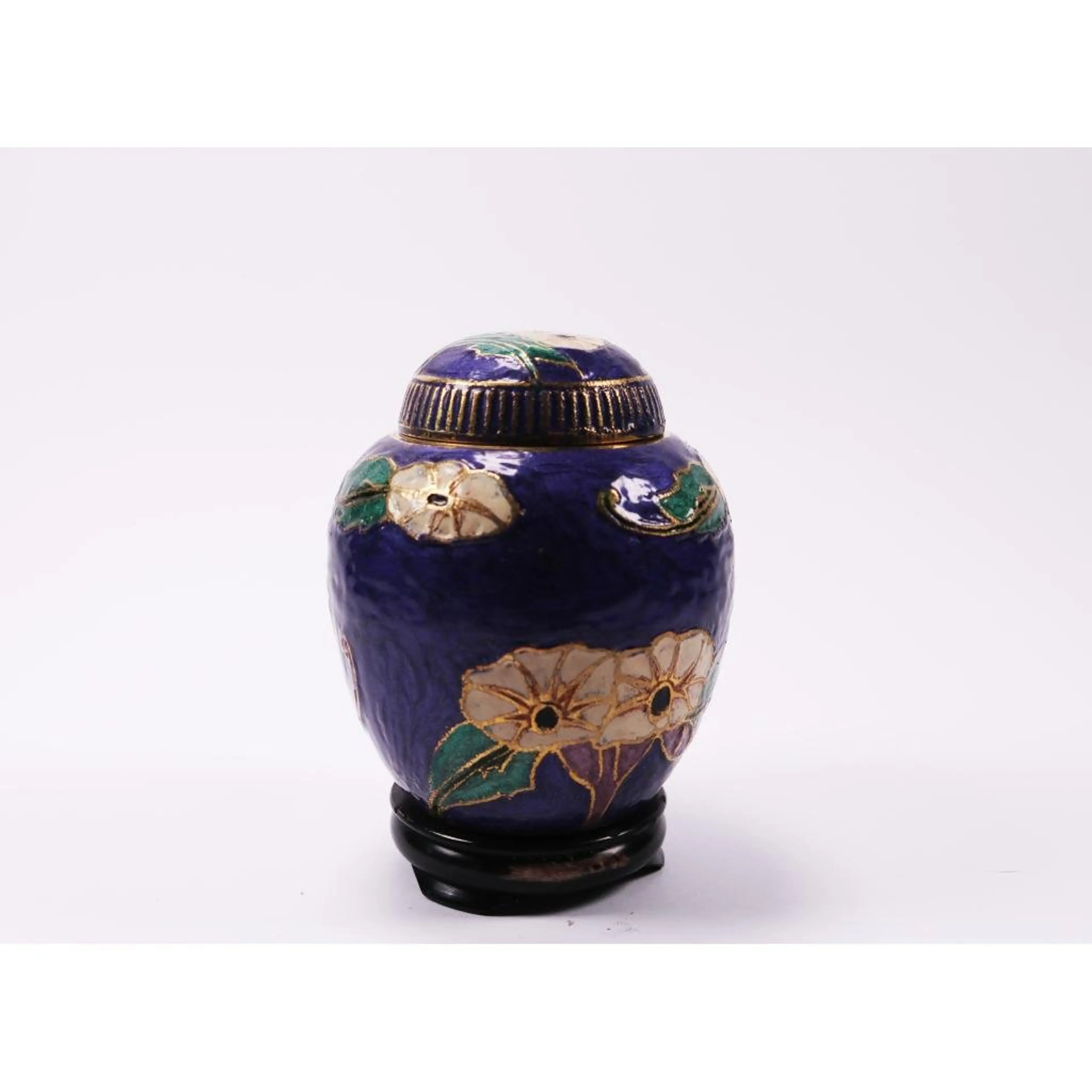 Floral Enameled Brass Jar Circa 1920&#039;S Vintage Estate Collectable