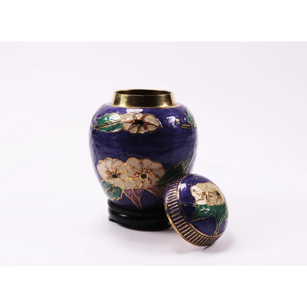 Floral Enameled Brass Jar Circa 1920'S Vintage Estate Collectable