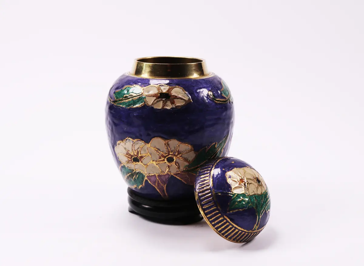 Floral Enameled Brass Jar Circa 1920'S Vintage Estate Collectable