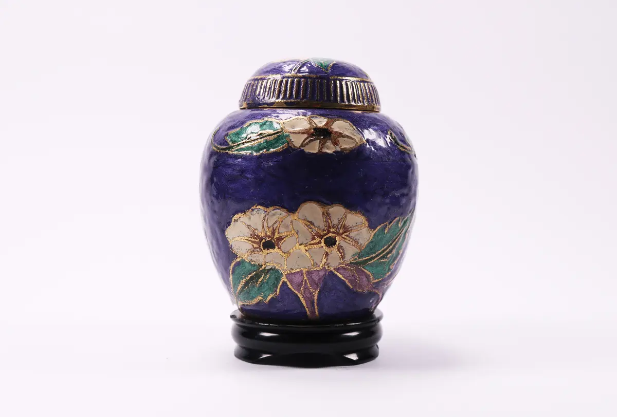 Floral Enameled Brass Jar Circa 1920'S Vintage Estate Collectable
