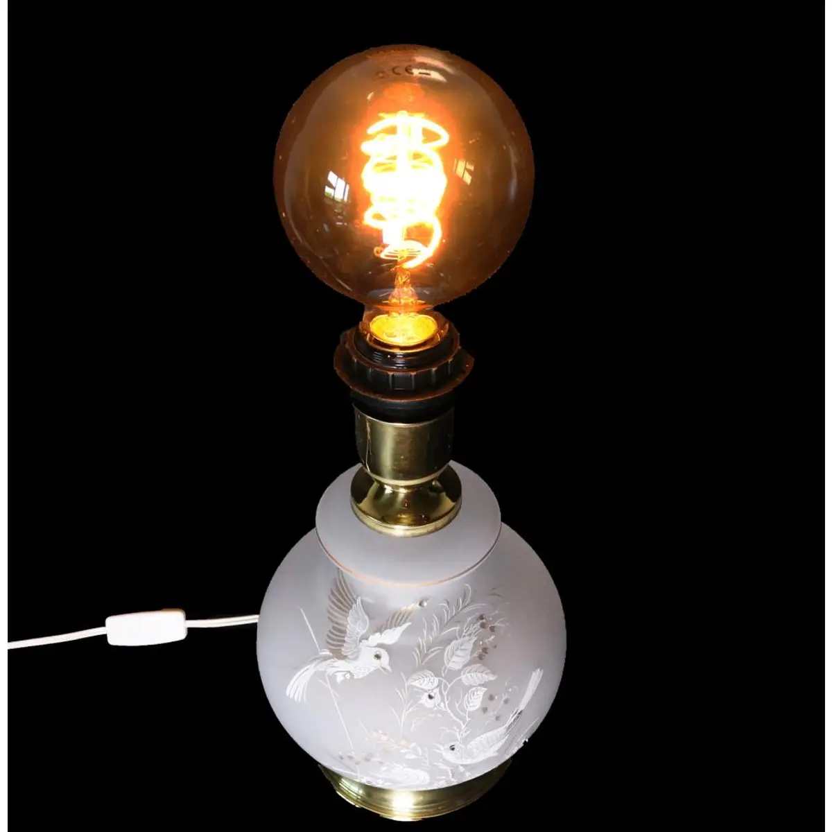 Glass Table Lamp With Birds Hand Painted, Made In Italy In The 1980S