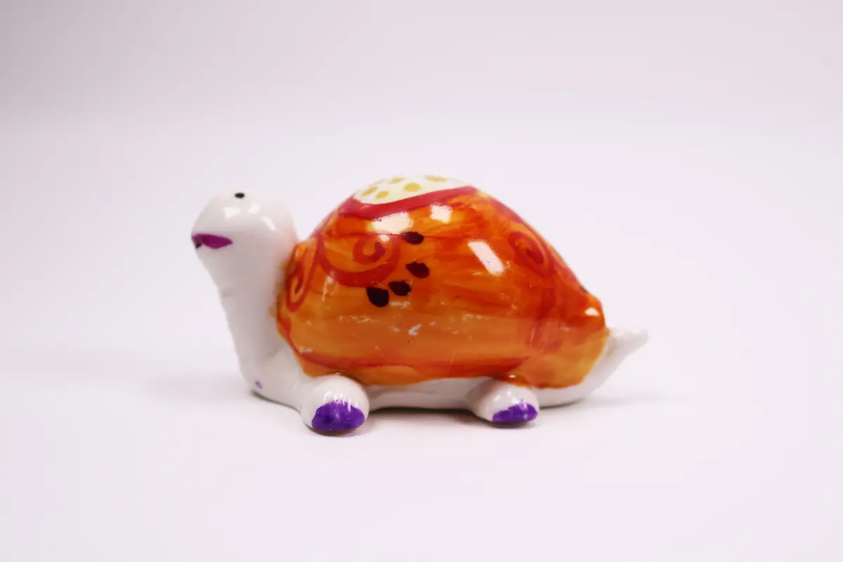 Handmade Ceramic Turtle Figurine, Orange And White Tiny Turtle