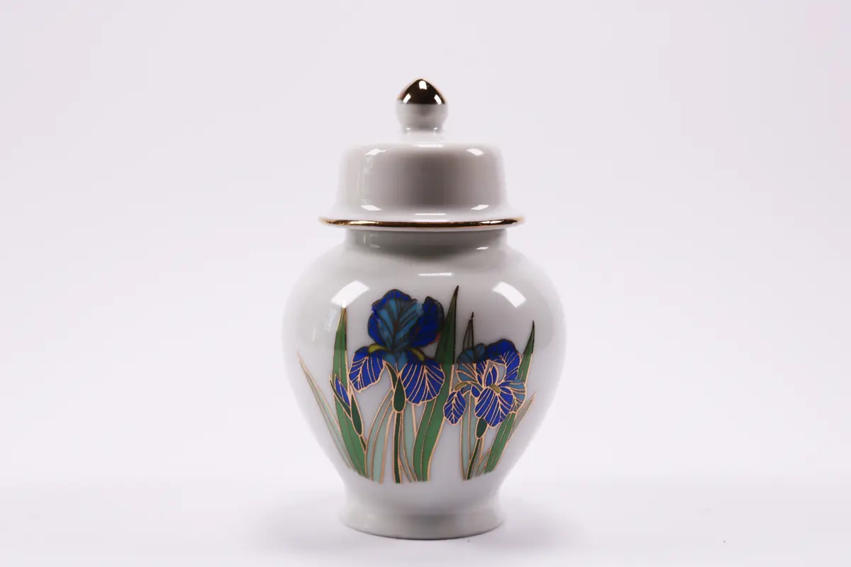 Original Porcelain Vase Ginger Jar W Lid Leaves Flowers Floral Vintage