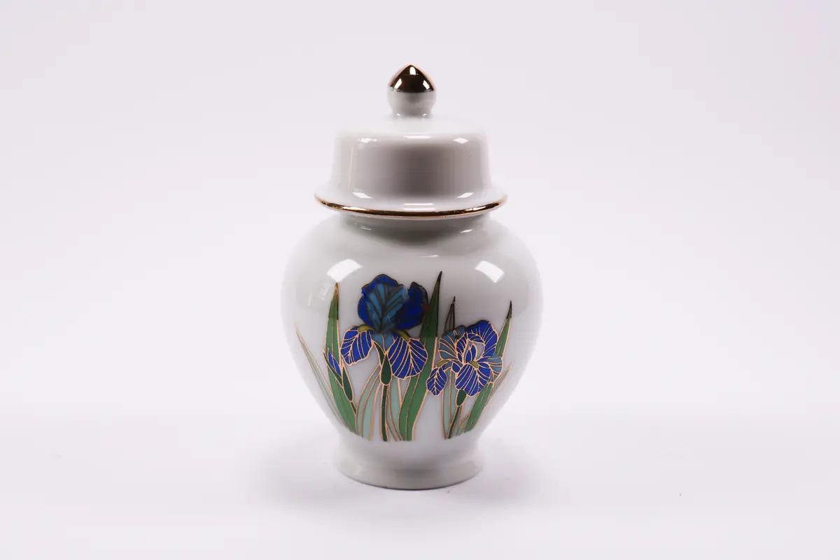Original Porcelain Vase Ginger Jar W Lid Leaves Flowers Floral Vintage