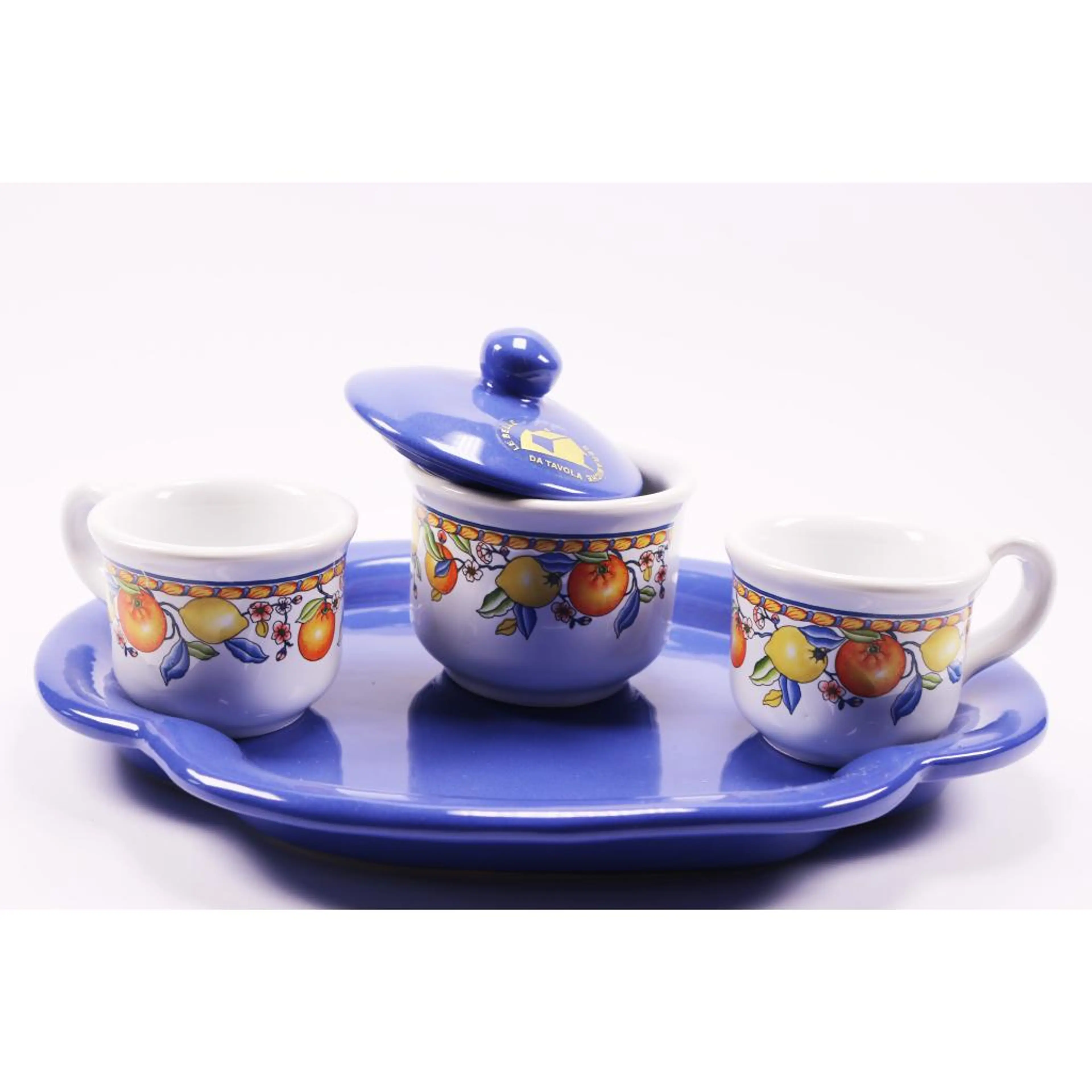 Set Of Coffee Cups With Tray Blue Border, Lemons And Oranges