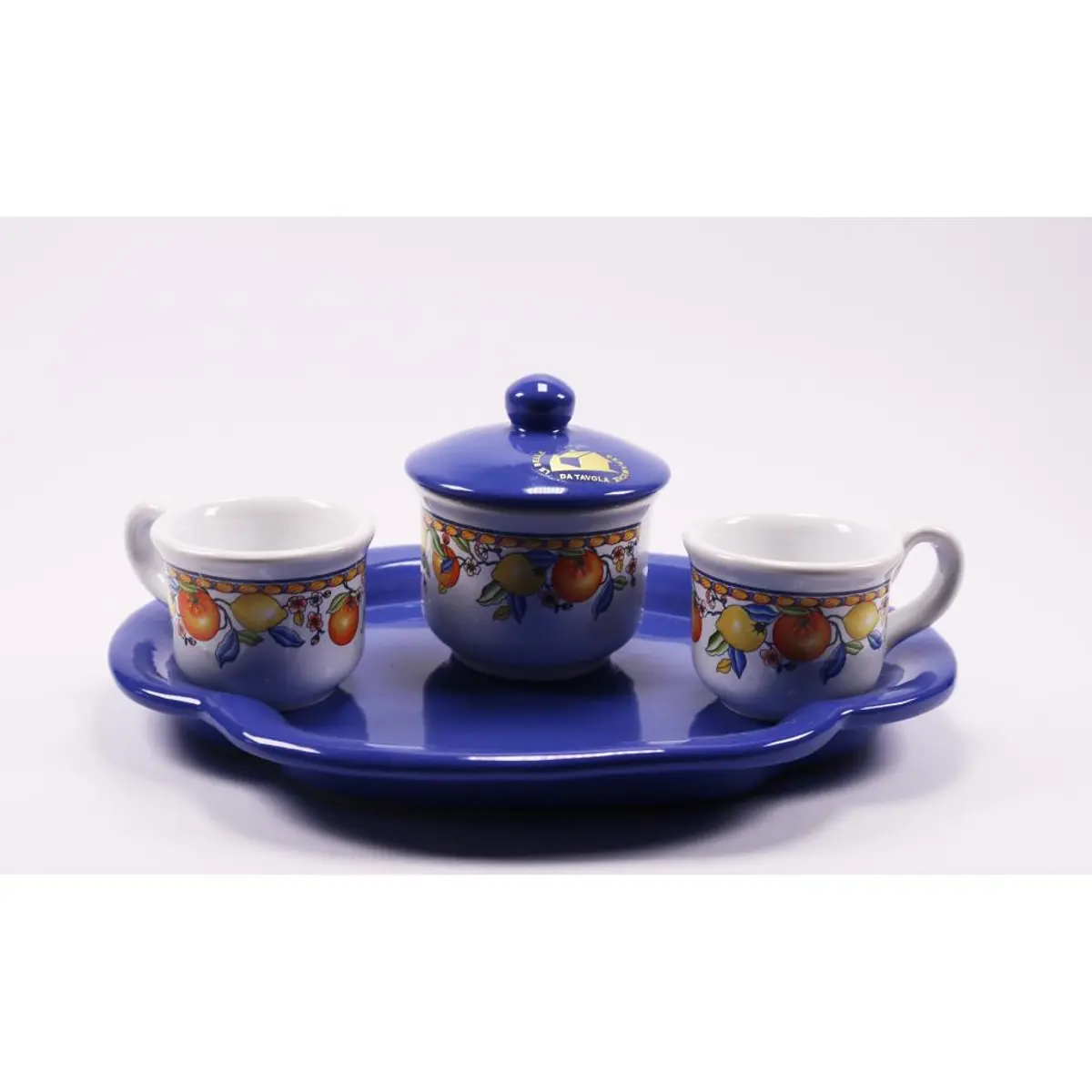Set Of Coffee Cups With Tray Blue Border, Lemons And Oranges