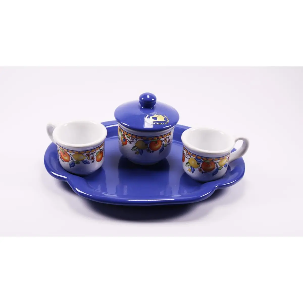 Set Of Coffee Cups With Tray Blue Border, Lemons And Oranges