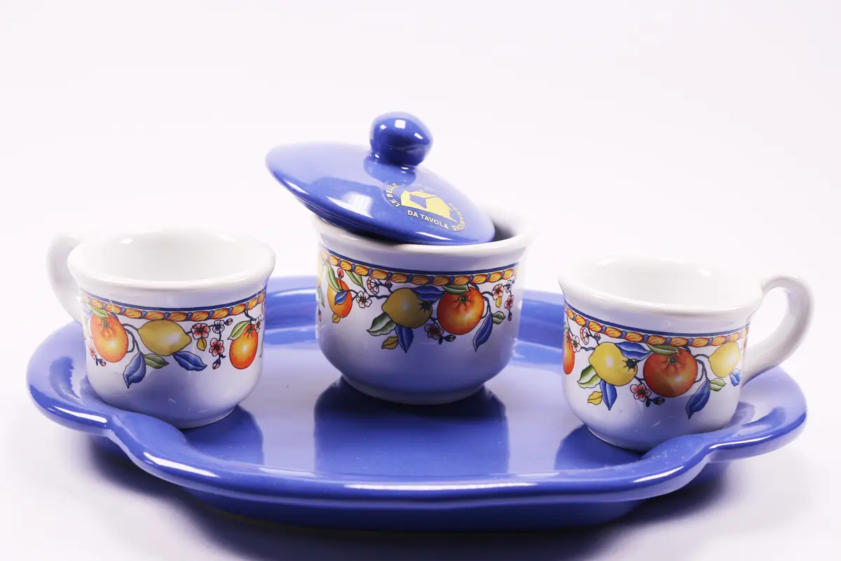 Set Of Coffee Cups With Tray Blue Border, Lemons And Oranges