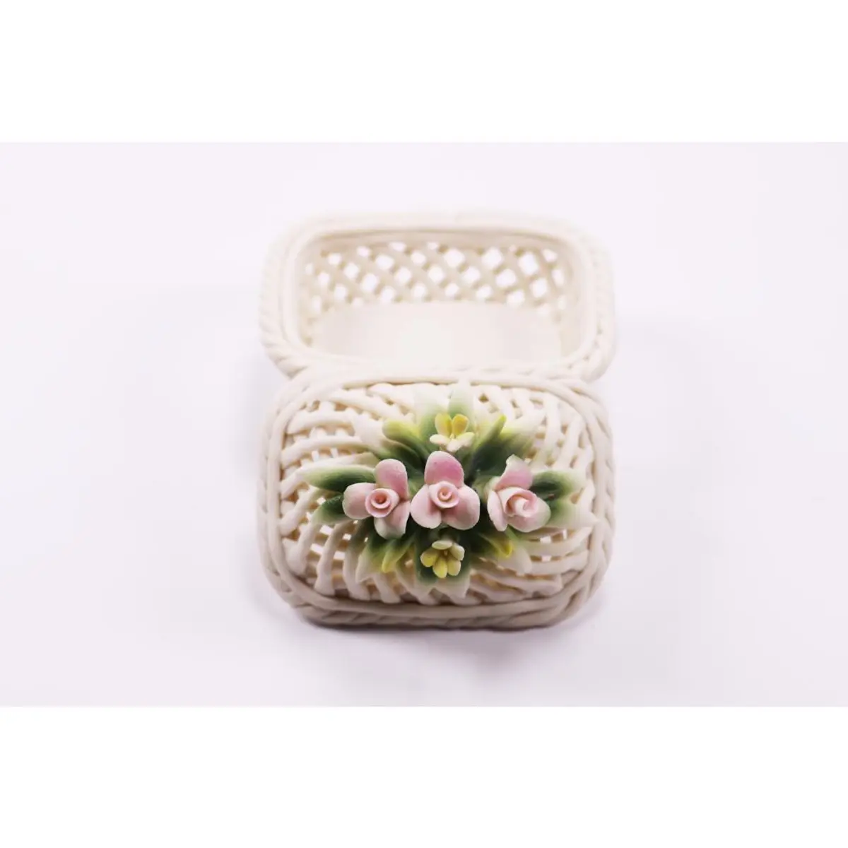 Vintage Capodimonte Style Italian Open Lattice Lidded Dish, Bowl, Pink Roses