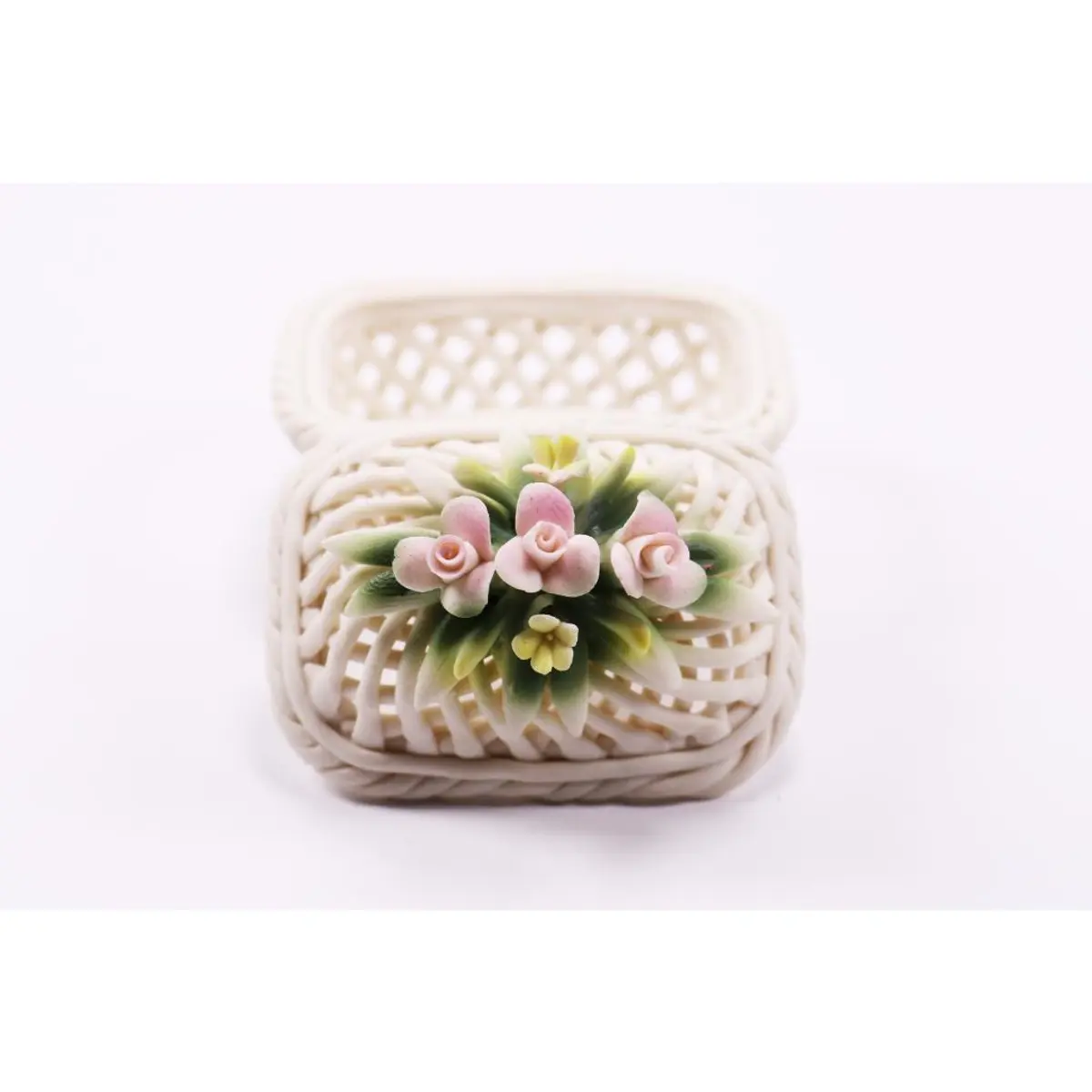 Vintage Capodimonte Style Italian Open Lattice Lidded Dish, Bowl, Pink Roses