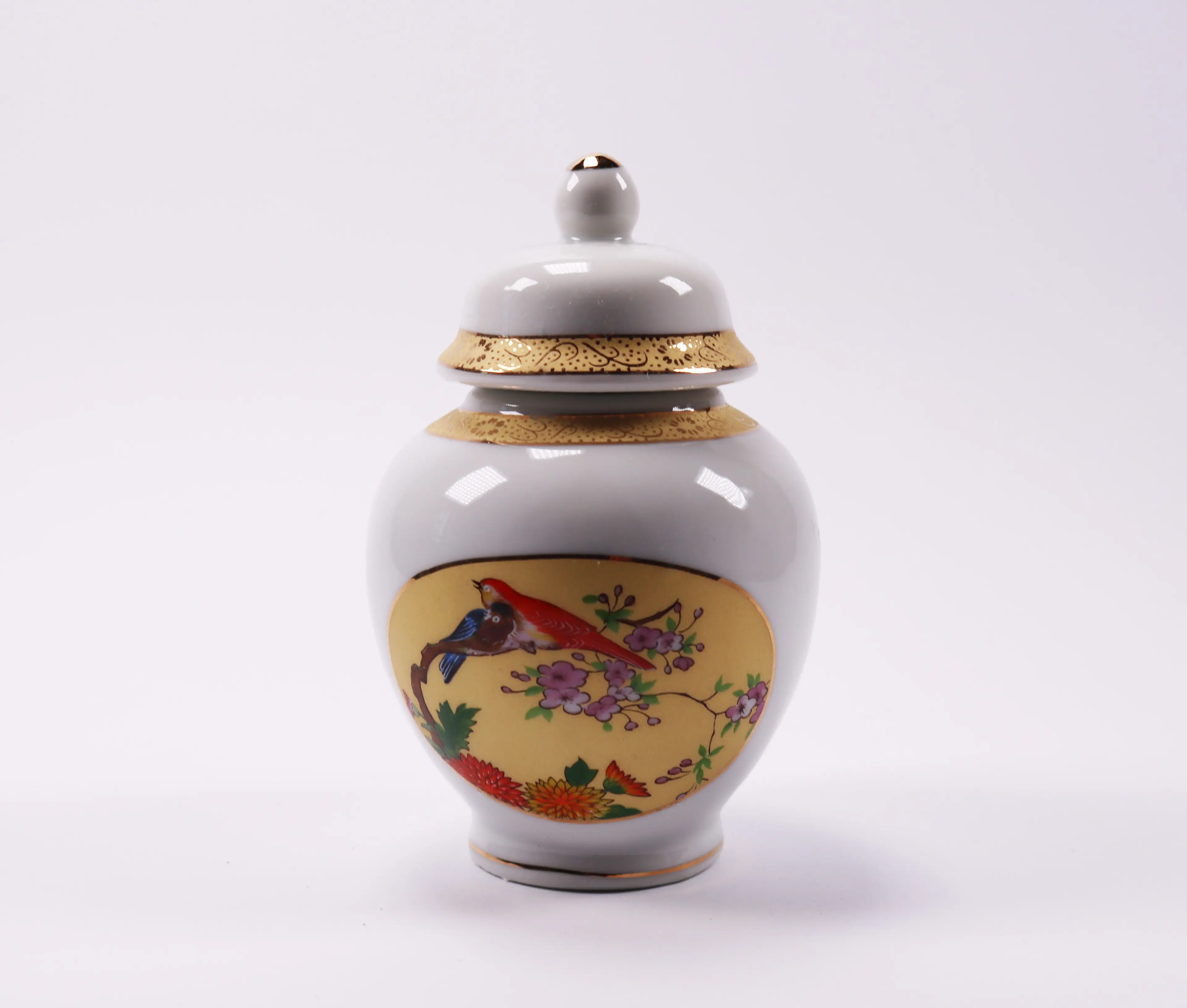 Vintage Ginger Jar With Tropical Birds, Delicate Branches And Gold Details.