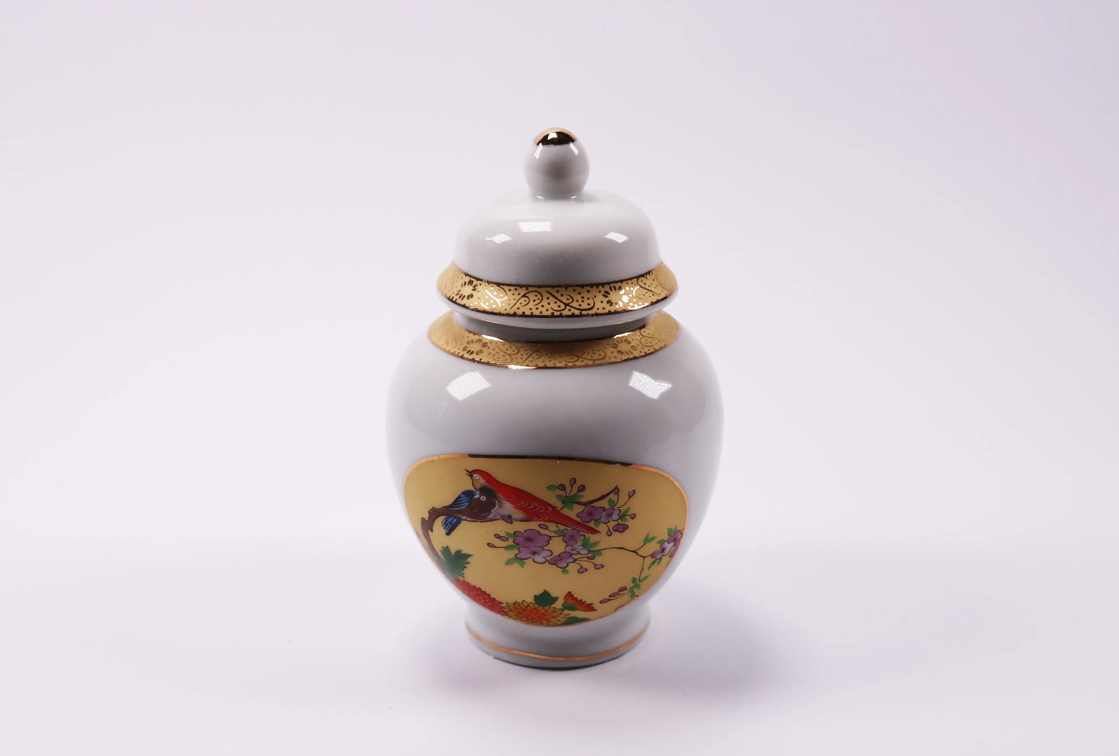 Vintage Ginger Jar With Tropical Birds, Delicate Branches And Gold Details.