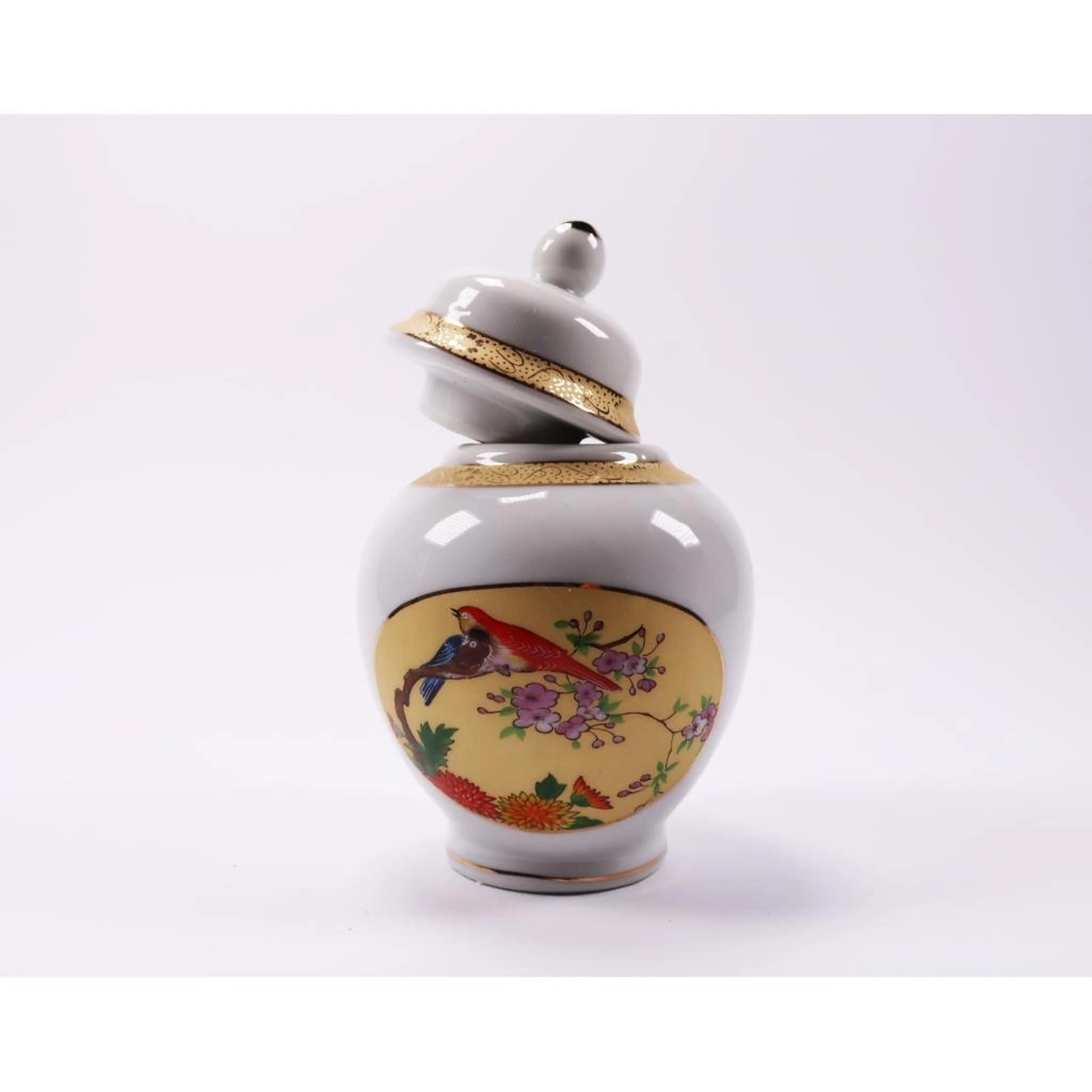 Vintage Ginger Jar With Tropical Birds, Delicate Branches And Gold Details.