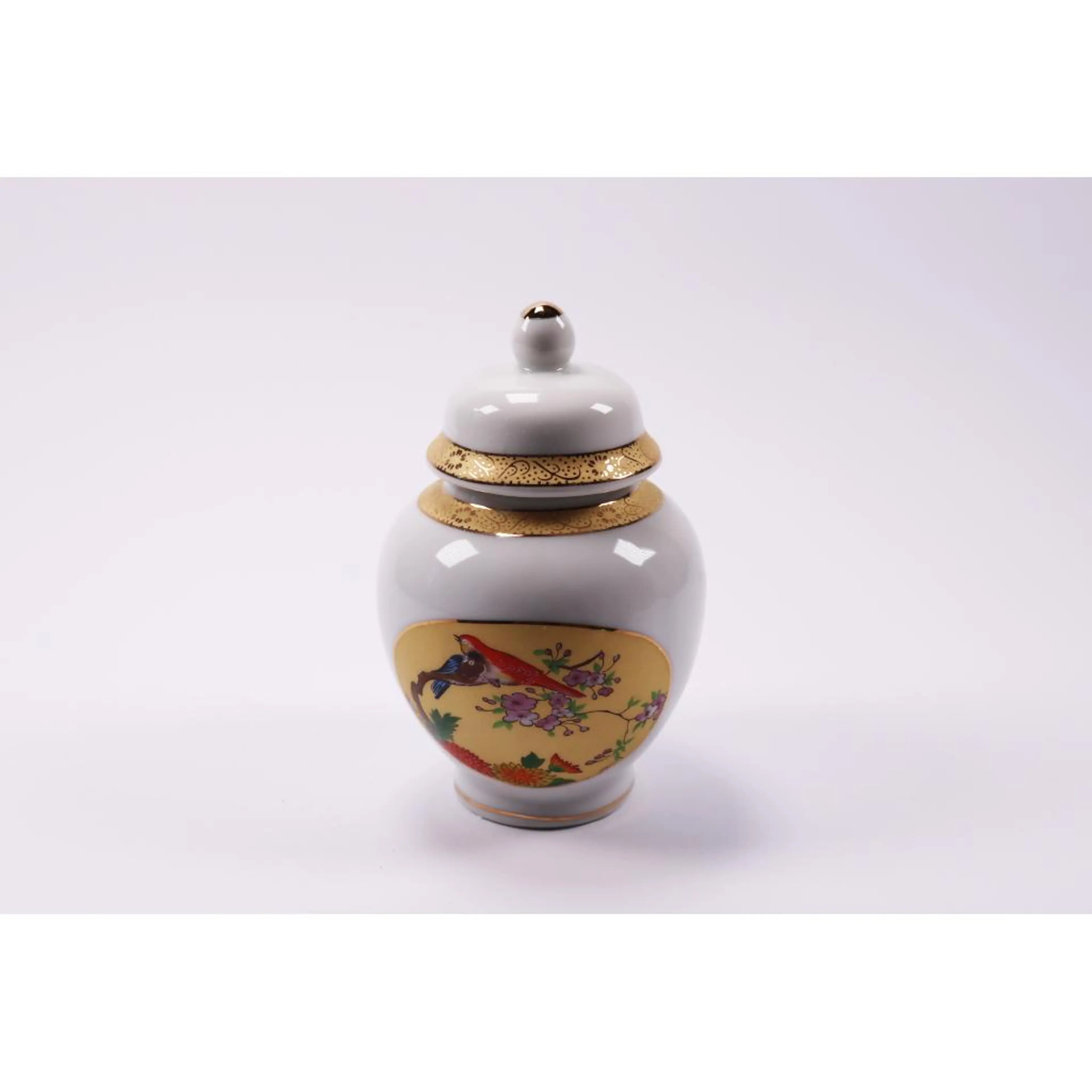 Vintage Ginger Jar With Tropical Birds, Delicate Branches And Gold Details.