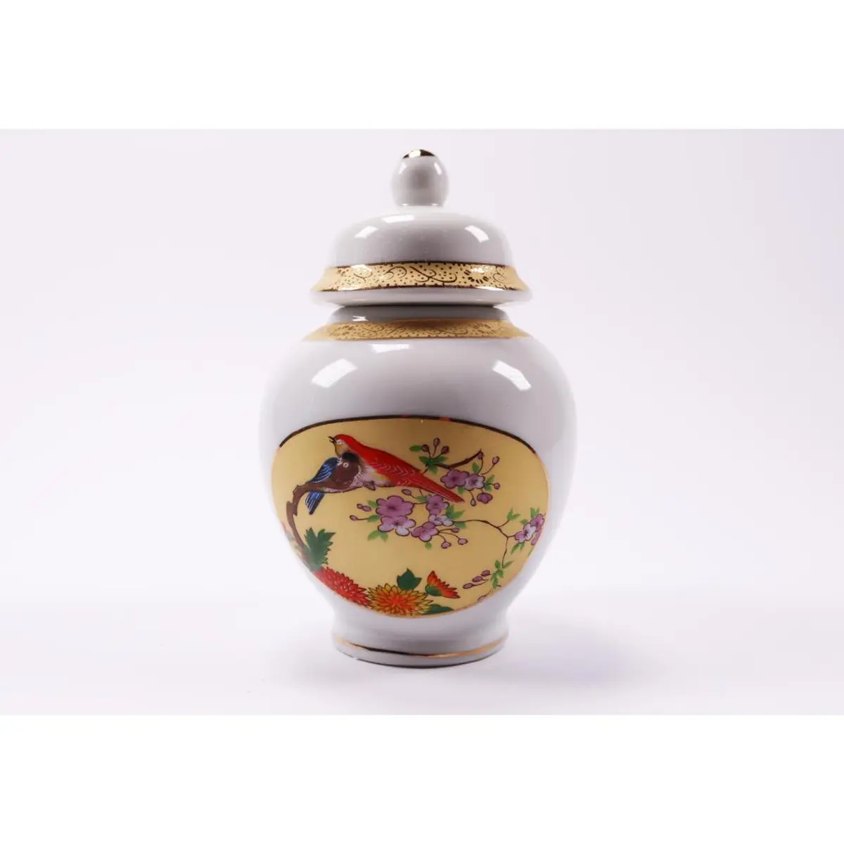 Vintage Ginger Jar With Tropical Birds, Delicate Branches And Gold Details.