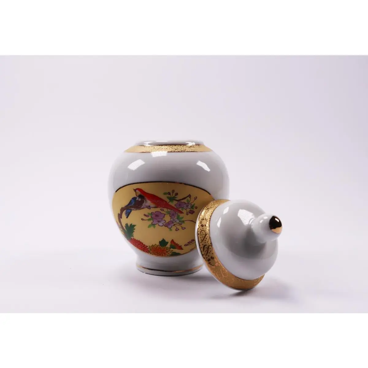 Vintage Ginger Jar With Tropical Birds, Delicate Branches And Gold Details.