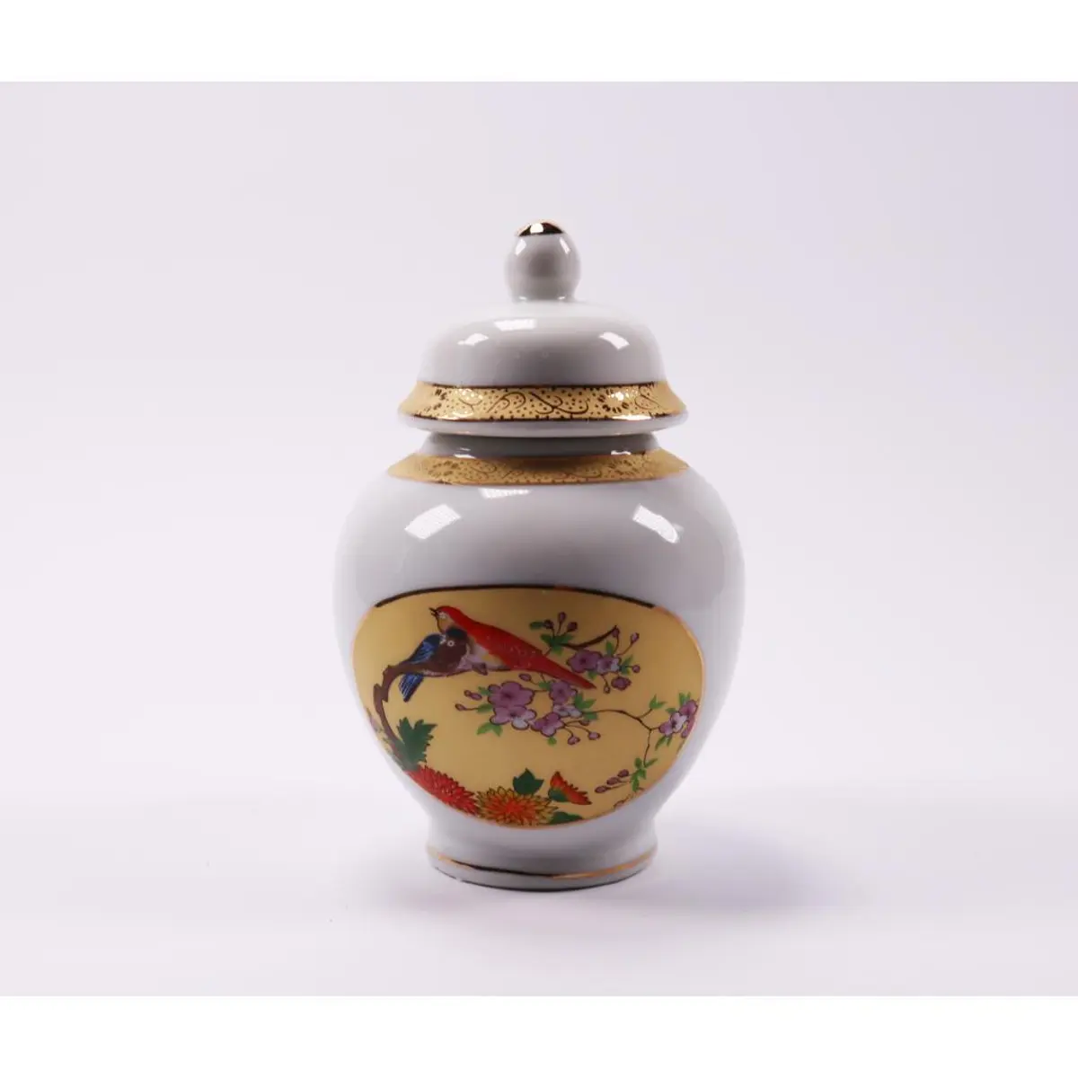 Vintage Ginger Jar With Tropical Birds, Delicate Branches And Gold Details.