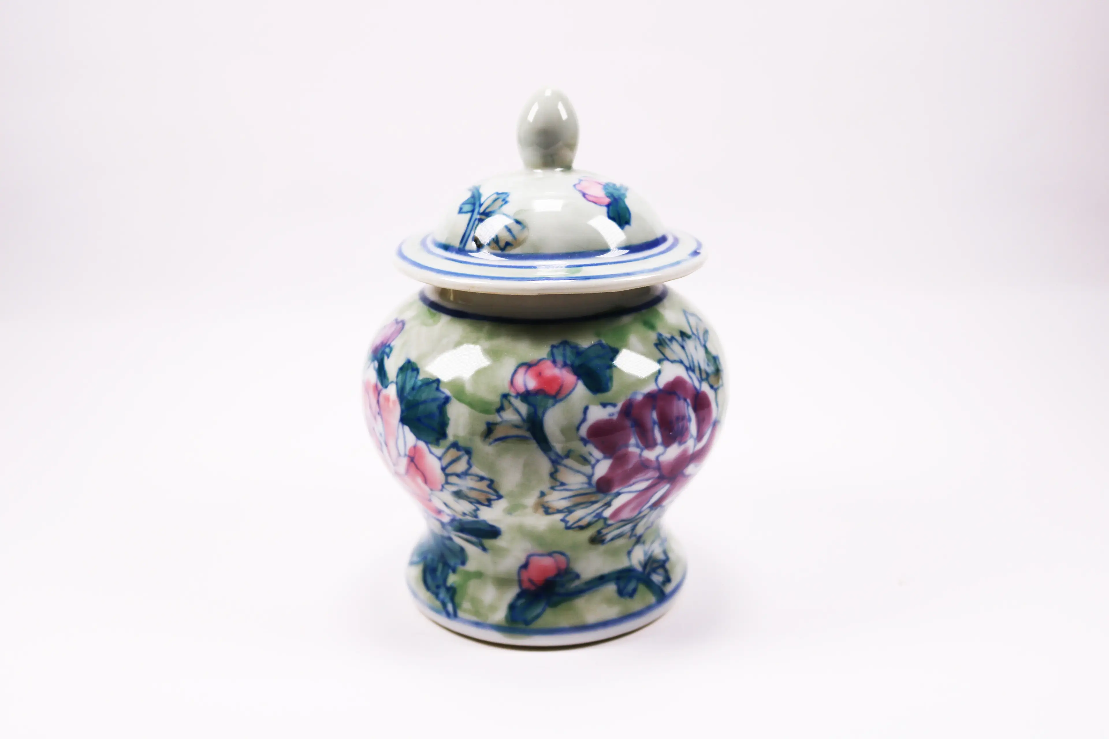 Vintage Hand Crafted Chinese Ceramic Jar Red Roses