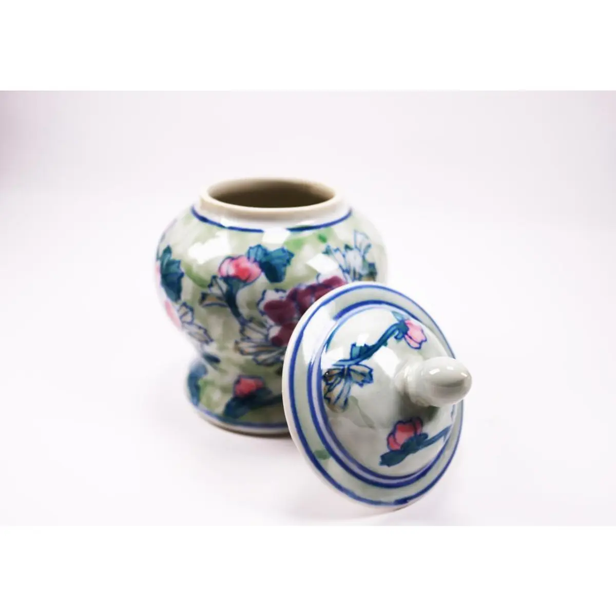 Vintage Hand Crafted Chinese Ceramic Jar Red Roses