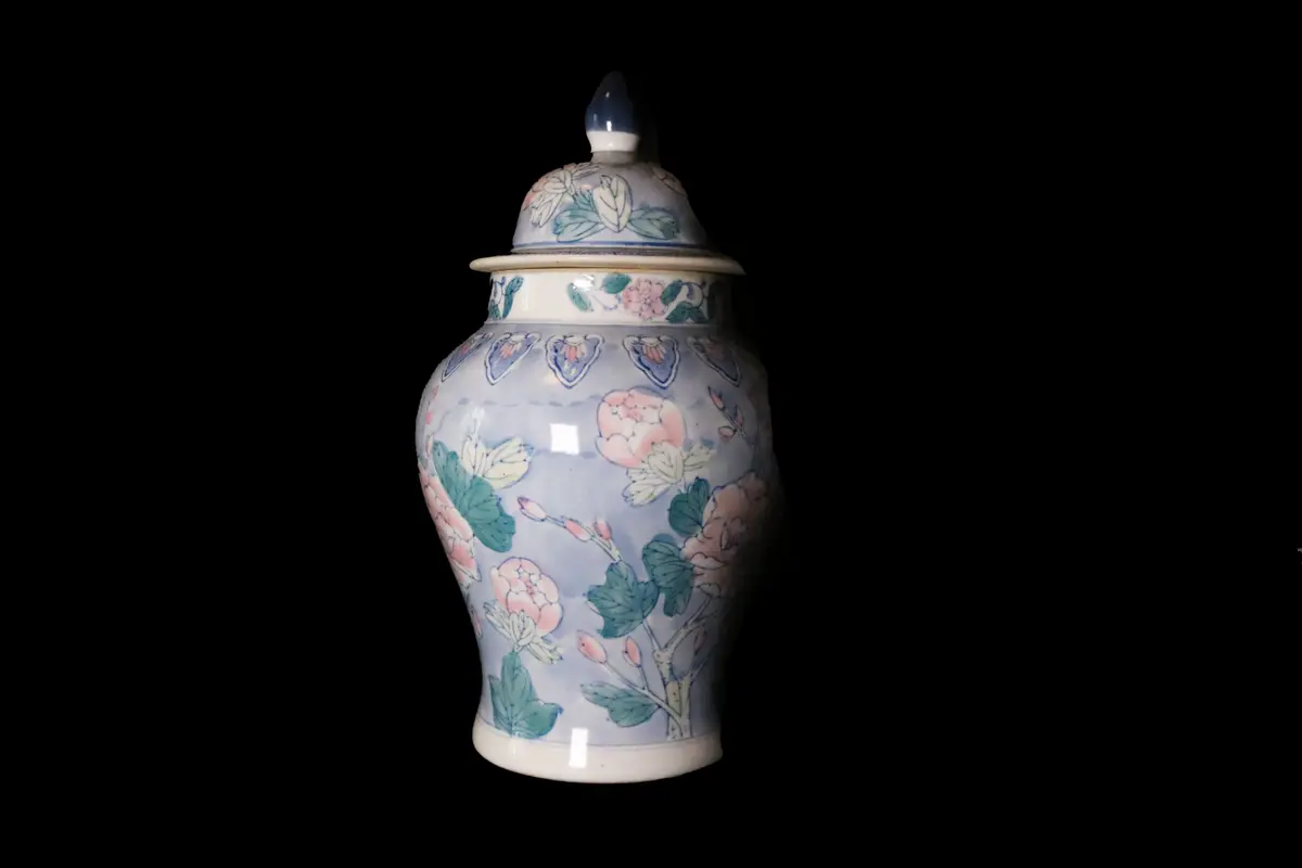 Vintage Hand Crafted Chinese Ceramic Jar Red Roses