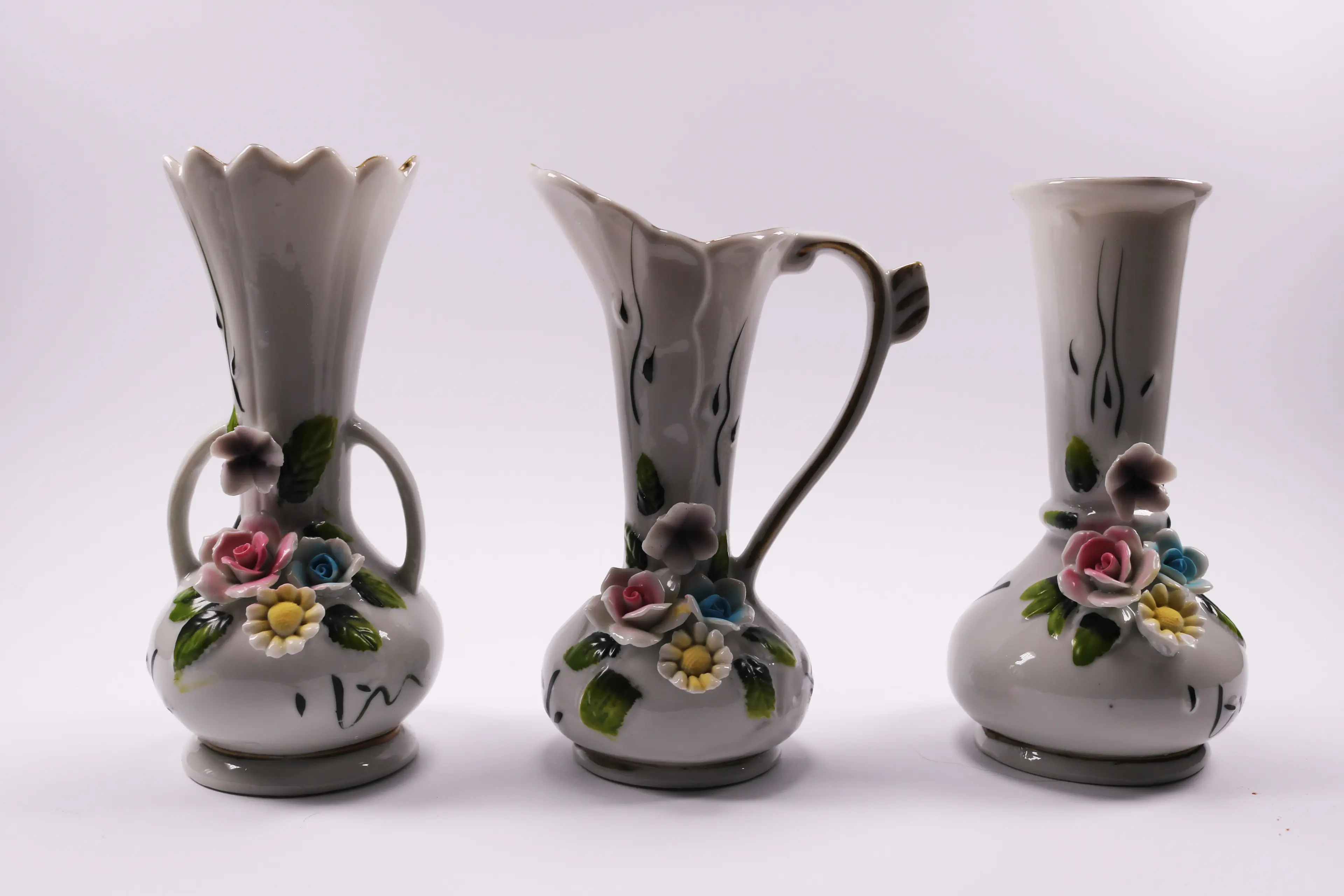 Vintage Italian Capodimonte Decorative Floral Pitcher Vase  Set Of 3