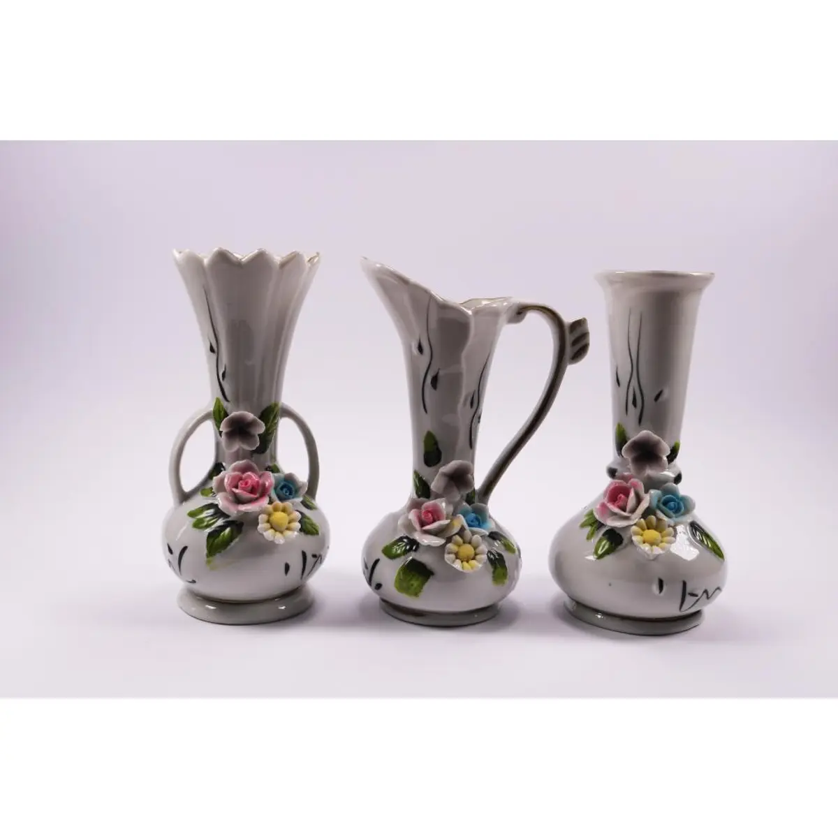 Vintage Italian Capodimonte Decorative Floral Pitcher Vase Set Of 3