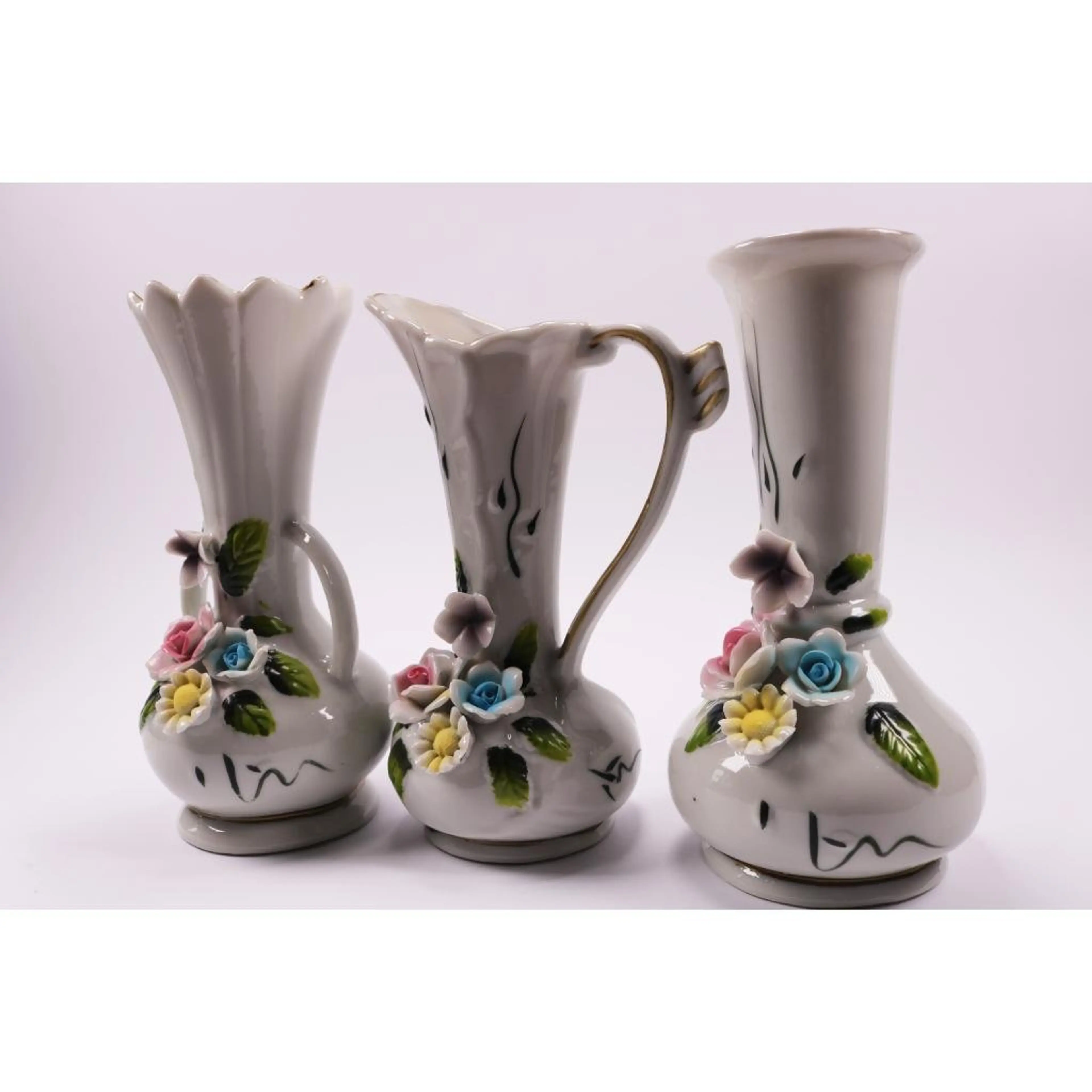 Vintage Italian Capodimonte Decorative Floral Pitcher Vase  Set Of 3