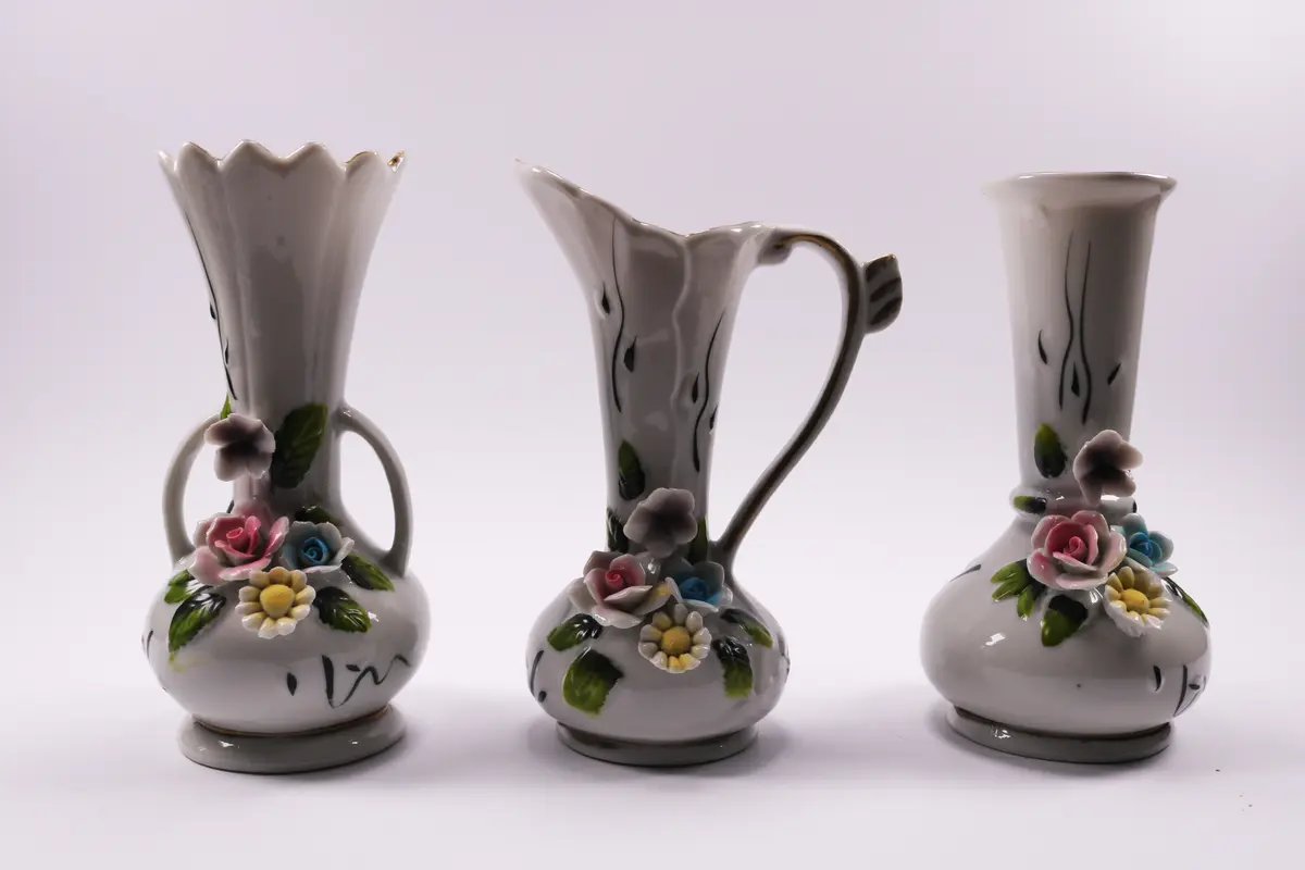 Vintage Italian Capodimonte Decorative Floral Pitcher Vase Set Of 3