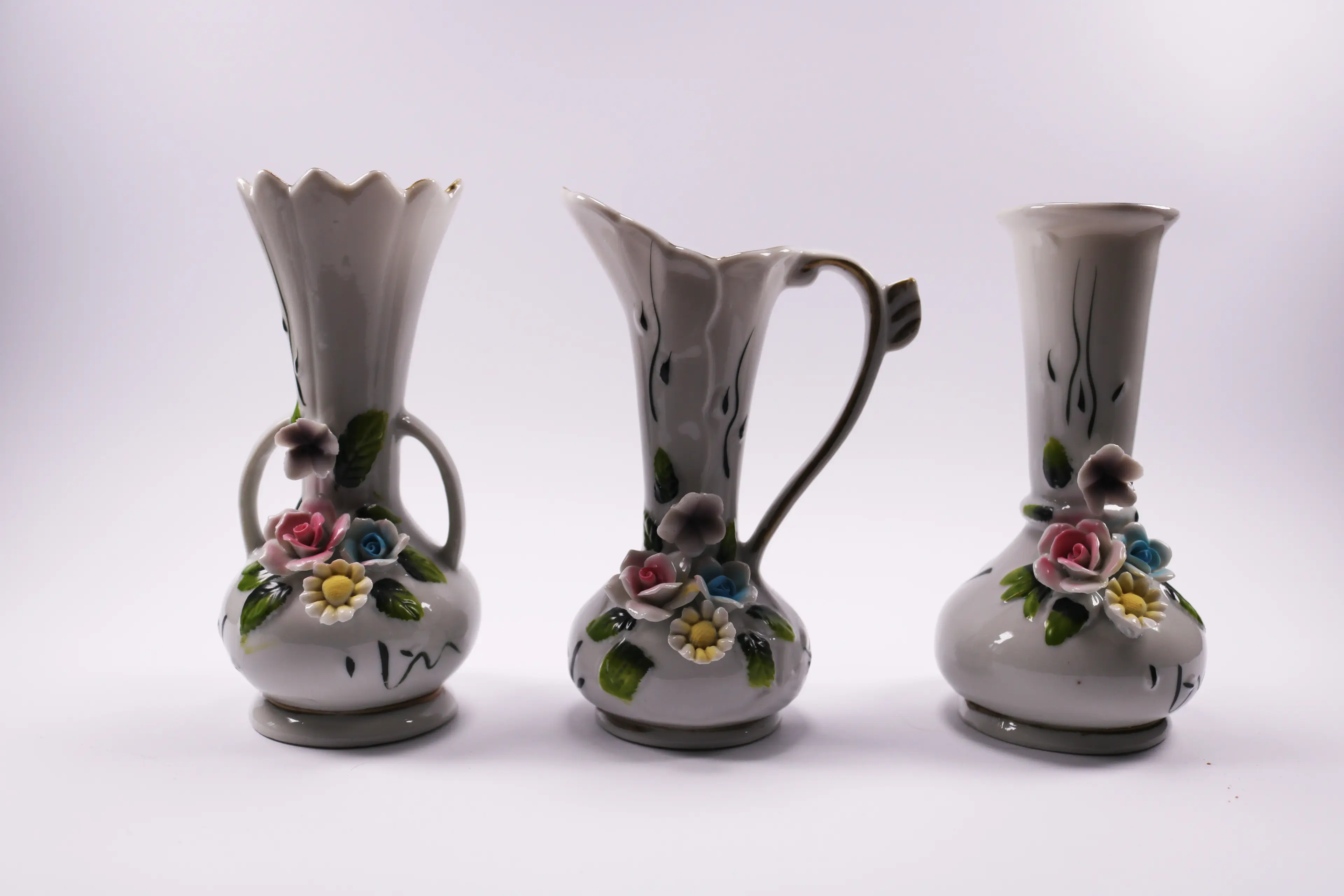 Vintage Italian Capodimonte Decorative Floral Pitcher Vase Set Of 3