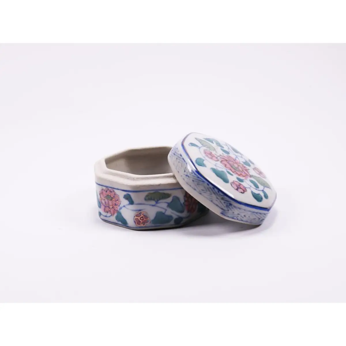 Vintage Porcelain Trinket Ring Box With Blue And White Flowers, Hexagon Shaped Trinket Box