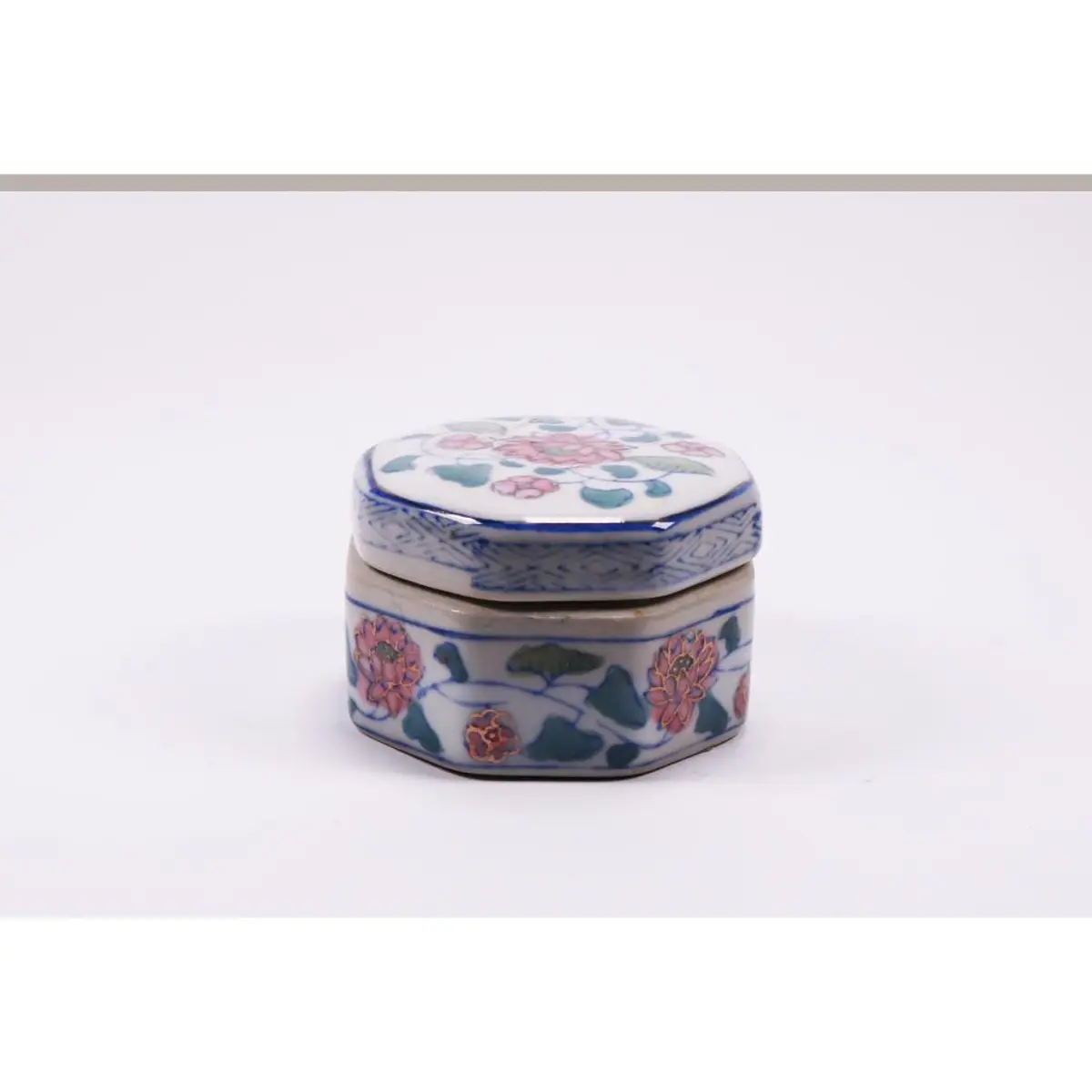 Vintage Porcelain Trinket Ring Box With Blue And White Flowers, Hexagon Shaped Trinket Box