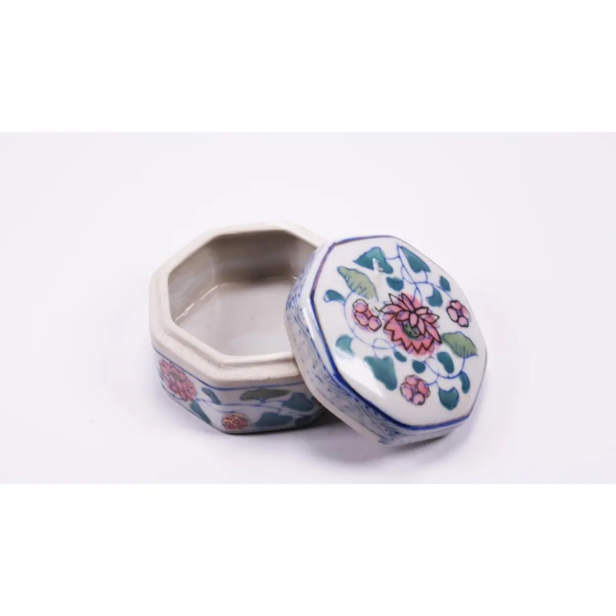 Vintage Porcelain Trinket Ring Box With Blue And White Flowers, Hexagon Shaped Trinket Box