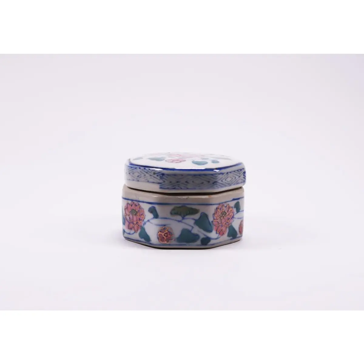 Vintage Porcelain Trinket Ring Box With Blue And White Flowers, Hexagon Shaped Trinket Box