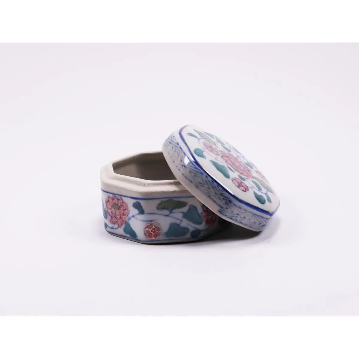 Vintage Porcelain Trinket Ring Box With Blue And White Flowers, Hexagon Shaped Trinket Box