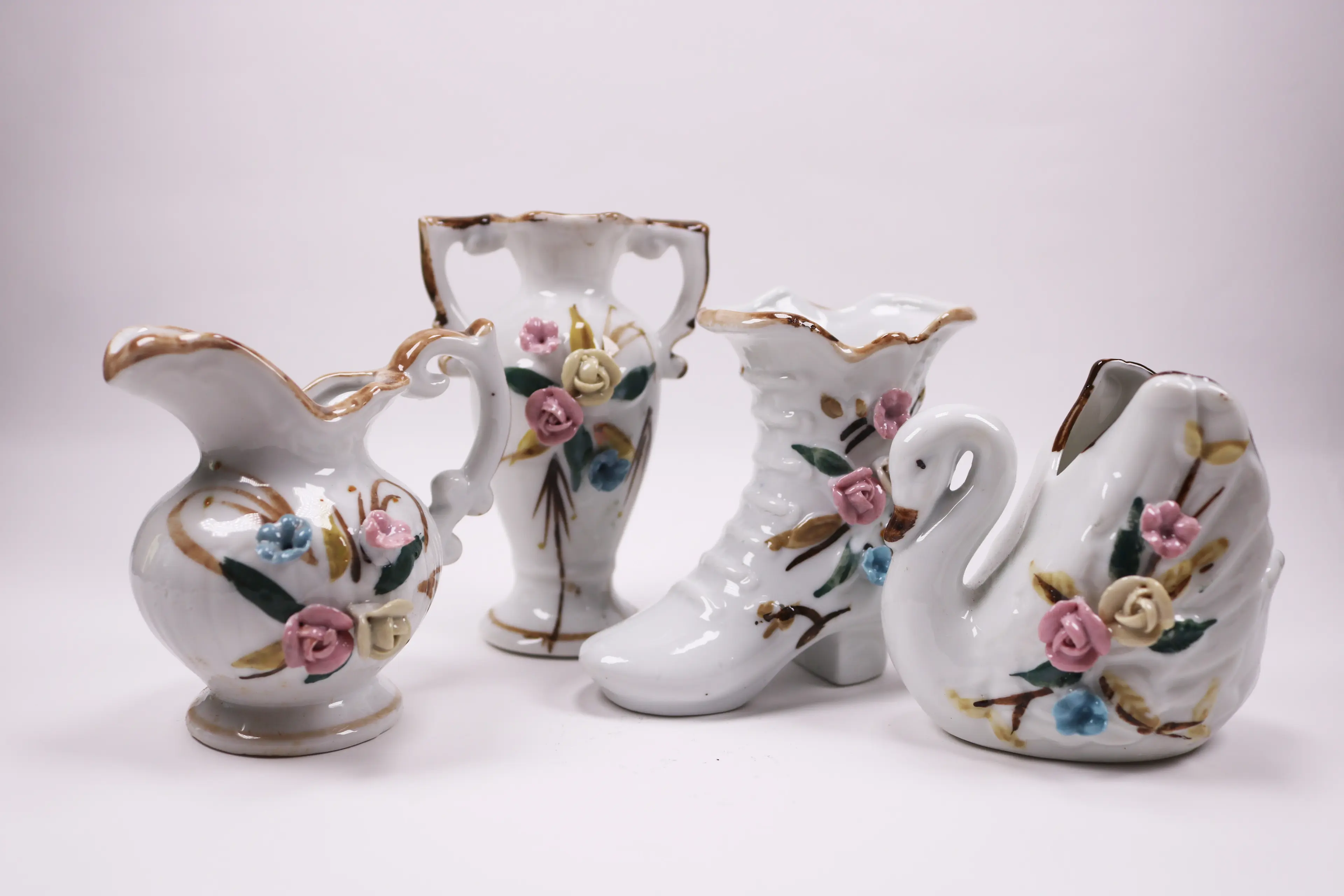 Vintage Vase Set Of 4 Mini ( Jug, With Two Handles, Swan And Boot)