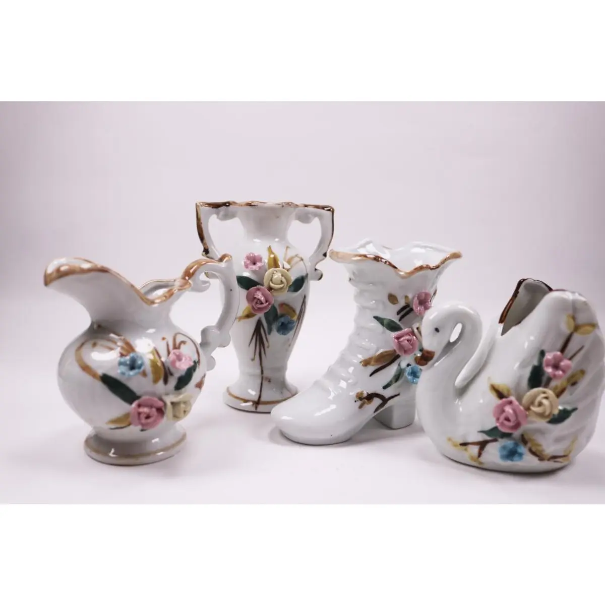 Vintage Vase Set Of 4 Mini ( Jug, With Two Handles, Swan And Boot)
