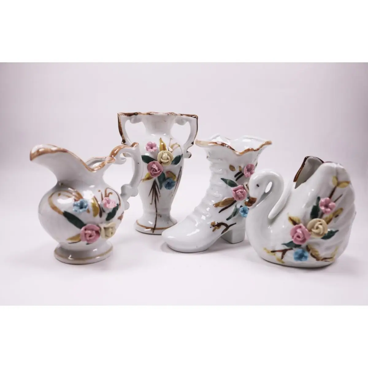 Vintage Vase Set Of 4 Mini ( Jug, With Two Handles, Swan And Boot)