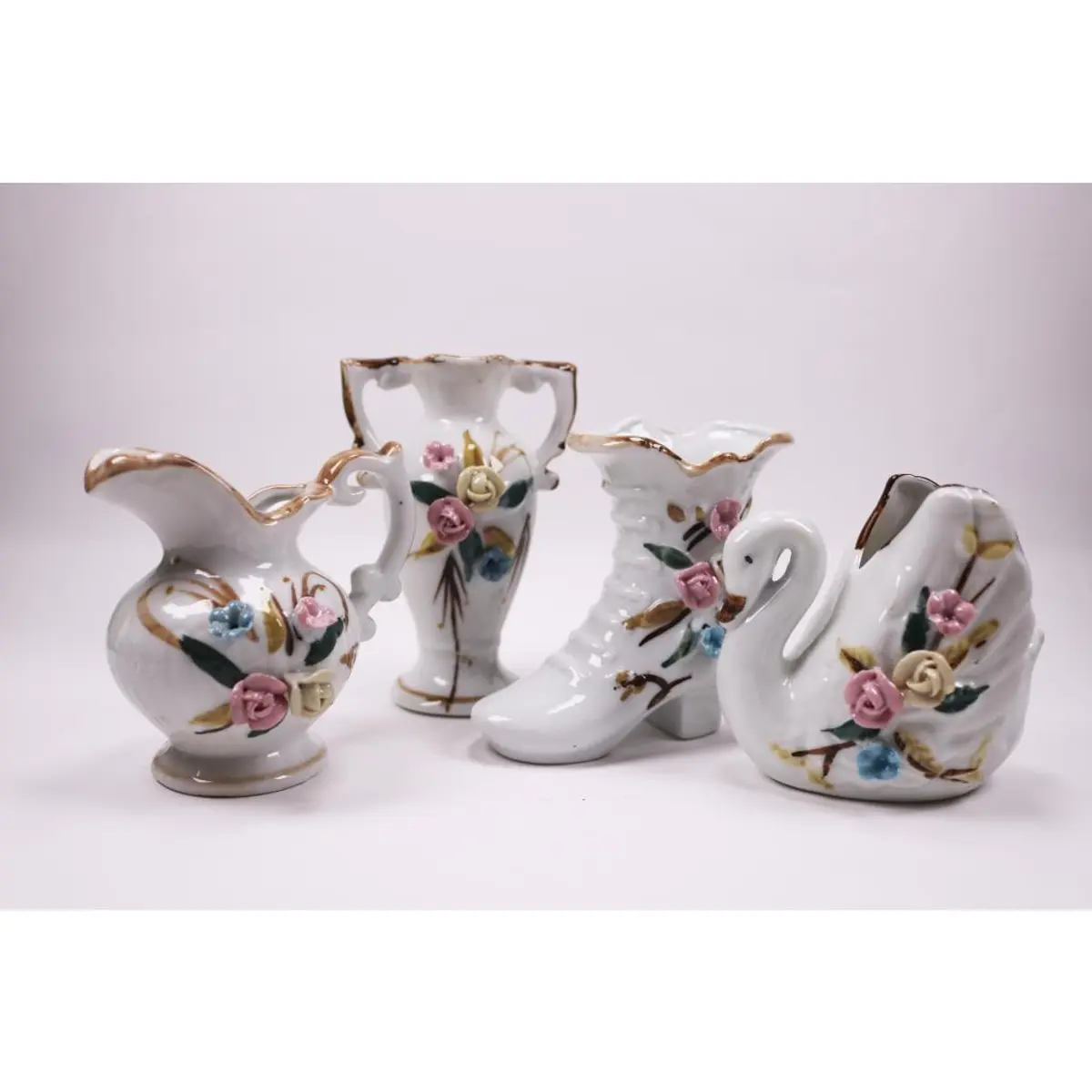 Vintage Vase Set Of 4 Mini ( Jug, With Two Handles, Swan And Boot)