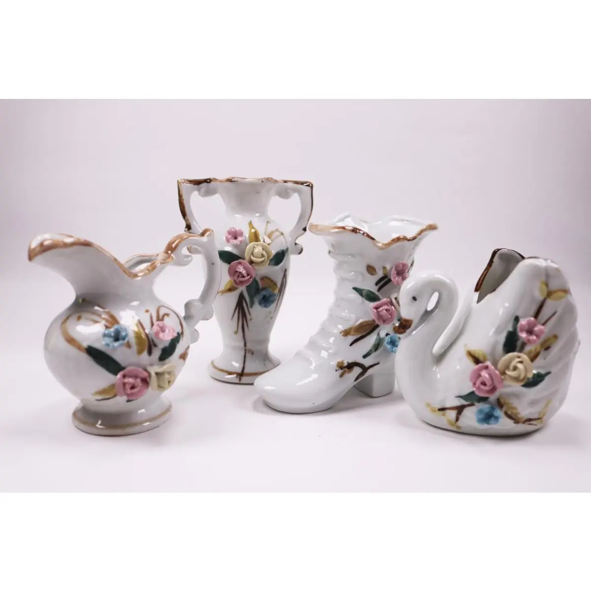 Vintage Vase Set Of 4 Mini ( Jug, With Two Handles, Swan And Boot)