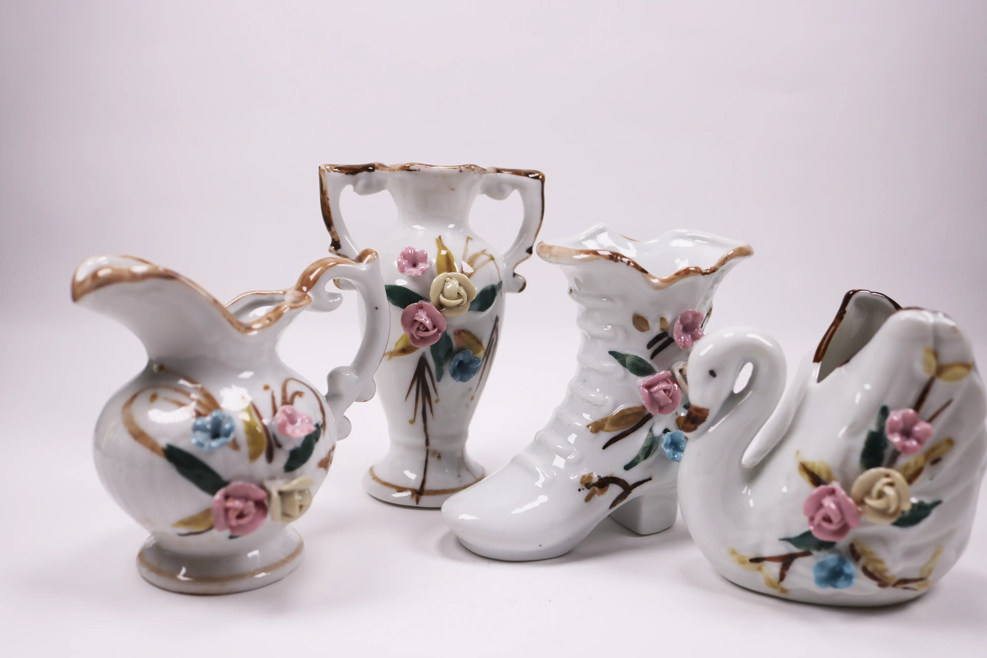 Vintage Vase Set Of 4 Mini ( Jug, With Two Handles, Swan And Boot)